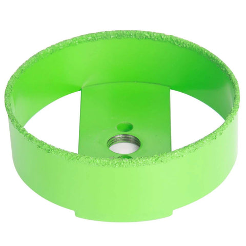 Green 4-1/8 inch carbide hole saw ring for drywall/plaster ceilings; for 4-inch recessed lights with threaded center hole.
