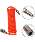 Heavy Duty Coiled Pneumatic Air Hose Reel That Retracts Like Magic To Tidy Up Workshop Messes Real Fast Plus Fits Most Standard Compressor Tools Like A Dream With Flexible Spiral Tube And Easy Plug Connections For Top Notch Airflow. Red coiled air hose with metal quick-connect fittings