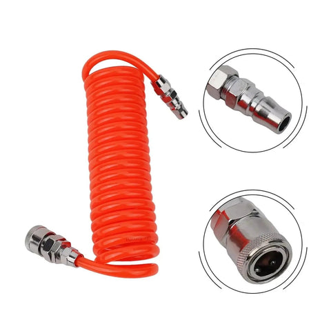 Heavy Duty Coiled Pneumatic Air Hose Reel That Retracts Like Magic To Tidy Up Workshop Messes Real Fast Plus Fits Most Standard Compressor Tools Like A Dream With Flexible Spiral Tube And Easy Plug Connections For Top Notch Airflow. Red coiled air hose with metal quick-connect fittings