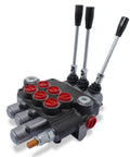 Monoblock hydraulic directional control valve, 3-spool with single float, 21 GPM; body with three levers and red caps
