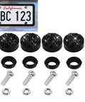 Upgrade Your Rig With Straight Fire Bling License Plate Screws And Rhinestone Caps 4 Piece Kit Corrosion Resistant Metal Fasteners close-up on bolts and decorative caps.