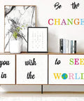 Be The Change You Wish To See In The World Wall Decals Inspirational Quote Wall Stickers Colorful Lettering on white cabinet