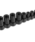 Tap Socket Set Eight Piece For Auto Shop Pros, Fits Quarter Inch And Three Eighth Inch Drive, front view of sockets in holder.