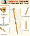 4 Inch Wood Screws 200 Piece Set For Deck And Fence Projects Exterior Construction Screws With Rust Resistant Anti Corrosion Coating Serrated Torx Threads Includes 2 T25 Star Bits Yellow Finish displayed in detail with Torx head and threading.