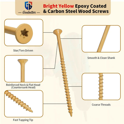 4 Inch Wood Screws 200 Piece Set For Deck And Fence Projects Exterior Construction Screws With Rust Resistant Anti Corrosion Coating Serrated Torx Threads Includes 2 T25 Star Bits Yellow Finish displayed in detail with Torx head and threading.