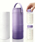 Portable Breast Milk Cooler With 24 Hour Surround Cooling Tech, purple and white containers with two glass bottles for on-the-go nursing.