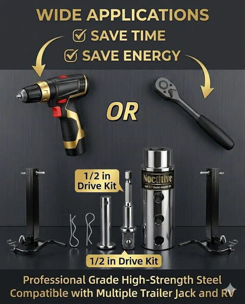Trailer Jack Drill Adapter Kit 1 Inch Drive Shaft with cordless drill and ratchet in 1/2 inch drive kit display.
