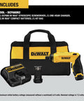 Cordless 4V USB Rechargeable Screwdriver Kit with 12 Bit Set LED Work Light shown with charger, batteries, and bag