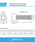 Diagram showing dimensions of Beefy M6 Socket Head Cap Screws Set in 304 Stainless Steel, Fully Threaded, Bright Finish, Metric Allen Hex Drive