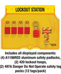 Lockout Tagout Padlock Station To Secure Up To 10 Safety Padlocks And Hasps OSHA Compliant One Piece Molded Design With Translucent Lockable Cover