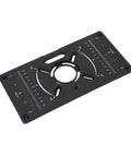 Rock Solid Router Table Insert Plate With Adjustable 62 By 70 Mm Hole Spacing dual measurement markings, black aluminum material for woodworking.