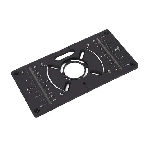 Rock Solid Router Table Insert Plate With Adjustable 62 By 70 Mm Hole Spacing dual measurement markings, black aluminum material for woodworking.