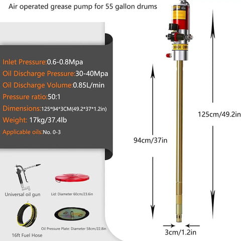 Heavy Duty Pneumatic Grease Pump For 55 Gallon Drums, 125cm tall with universal oil gun and 16 ft hose.