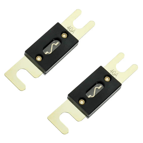 Heavy Duty ANL Fuse Holder Kit Paired With Pro Grade 40 Amp Gold Plated Fuses, featuring two fuses with black casing.