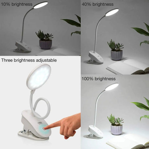 Three brightness modes of Two Pack Clip-On Reading Lamp with USB Rechargeable Battery, featuring easy touch control.