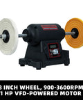 Heavy Lifter Eight Inch Benchtop Buffer Polisher With One Horsepower VFD Variable Speed Motor giving a dang smooth operation.