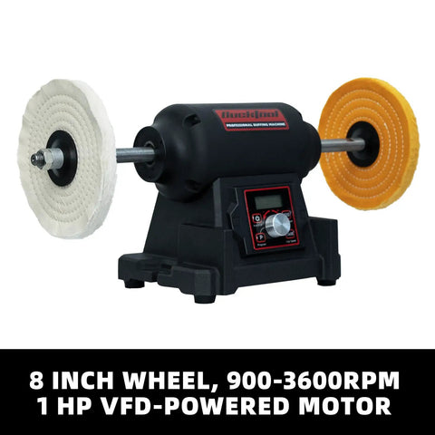 Heavy Lifter Eight Inch Benchtop Buffer Polisher With One Horsepower VFD Variable Speed Motor giving a dang smooth operation.