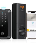 Home Key Smart Lock For Front Door, HomeKit Compatible Fingerprint Keypad Deadbolt With Built In WiFi, Remote App Access, Auto Lock, Alexa Compatible, Matte Black next to smartphone