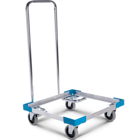 Aluminum Dishwashing Racks Dolly With Handle For Kitchens And Restaurants, 20.63 By 20.63 Inch Base, 36.5 Inch Tall, Holds 19.75 Inch Square Glass Racks, Blue, Four Inch Non Marking Casters, 300 Pound Capacity, BPA Free And Easy To Clean