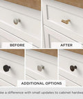 Before and after views showing different cabinet knobs, highlighting Seaside Cottage Angel Fish Cabinet Knob In Vintage Antique White Finish One And Three Eighths Inch Diameter Easy Install Kitchen Hardware For Cabinets And Drawers With Coastal Vibe replacing plain knobs.