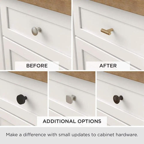 Before and after views showing different cabinet knobs, highlighting Seaside Cottage Angel Fish Cabinet Knob In Vintage Antique White Finish One And Three Eighths Inch Diameter Easy Install Kitchen Hardware For Cabinets And Drawers With Coastal Vibe replacing plain knobs.