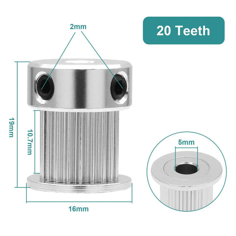 GT2 20 Tooth Aluminum Timing Pulleys Set 5 Pieces 5mm Bore Fits 10mm Belt Width Synchronous Wheel Gear For 3D Printers