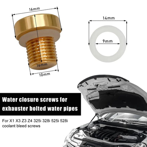 Heavy Duty Radiator Coolant Expansion Tank Bleeder Screw With Rubber O Ring Slick Plug And Play Setup For BMW X3 X5 Z4 325i 528i, brass and gasket, measures 16mm and 9mm.