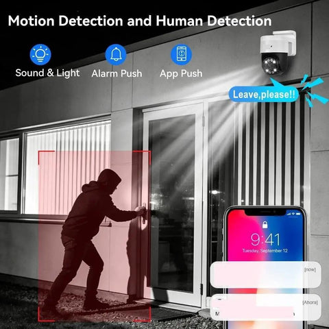 Heavy Duty 8MP 4K PoE PTZ Security Camera Surveillance Kit With Tough As Nails Night Vision And Crisp Pan Tilt Zoom For Crackdown Monitoring On Your Porch Or Driveway Year Round, showing a figure attempting to enter a door with alert features.