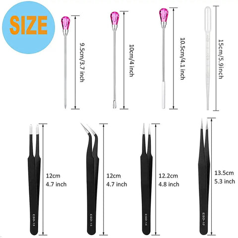 Must-Have 11 Pcs Resin Tools Kit With Stirrers Spoons Poke Needles Anti-Static Tweezers And Pipette dimensions illustration