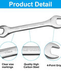 Ultra Slim Dual Size Open End Wrench 17mm 19mm Metric Spanner For Tight Spaces And Hard To Reach Fasteners, Carbon Steel Hand Tool Built For Workshop Vehicle And Machine Repair, showing clear size markings and chrome finish.