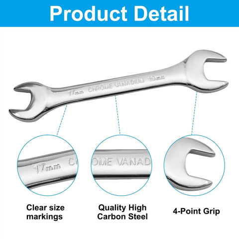 Ultra Slim Dual Size Open End Wrench 17mm 19mm Metric Spanner For Tight Spaces And Hard To Reach Fasteners, Carbon Steel Hand Tool Built For Workshop Vehicle And Machine Repair, showing clear size markings and chrome finish.