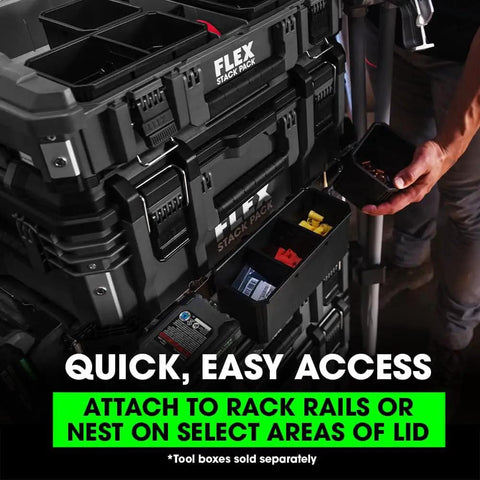 Stackable Storage System Compact Organizer Box With Quick Connect Interlock 25 Lb Load Capacity Impact Resistant Polypropylene Body With Aluminum Reinforcement Dope For Tools And Parts In Your Home Workshop stacked on worksite.