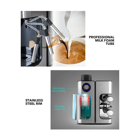 Italian 5 Bar Semi Automatic Espresso Machine Integrated Steam Wand Hot Water Spout for cappuccino, milk foam tube and stainless steel rim.