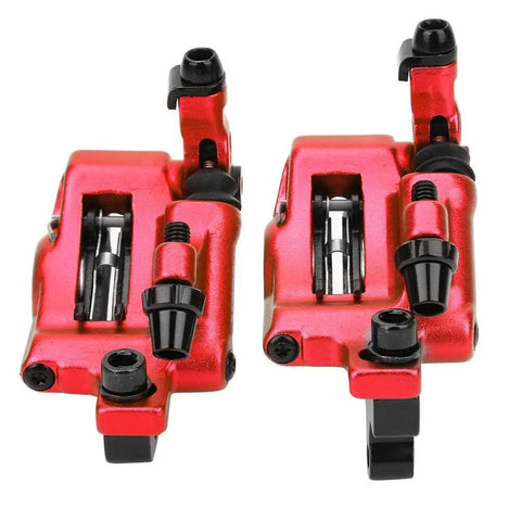 Rock Solid Top Tier Hydraulic Disc Brake Set Featuring Two Way Paddle Levers And Sturdy Aluminum Alloy Calipers For Front Rear Mountain Bike Ebike Setup Ready To Roll In Bright Red Finish, detailed view of calipers.