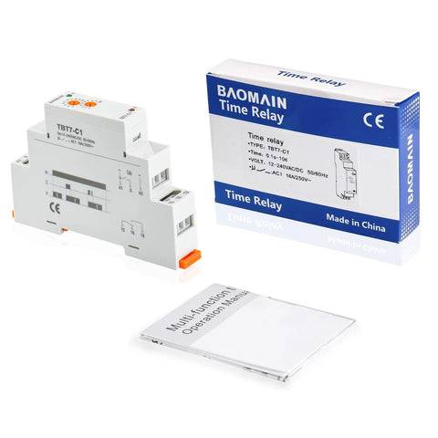 Beefy Delay Off Timer Relay 16A 1-SPDT with Universal 12-240V ACDC Power Range, TBT7-C1 Pro Auto Off for Home, Shop, and Industrial Controls, Works With 12V to 240V In One Unit, relay and box