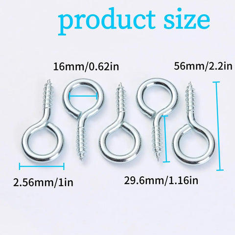 Product size display of Heavy Duty 10 Pack 2.2 Inch Eye Hooks M5 Screw Eye Bolts Load Bearing 150 Pounds For Indoor And Outdoor Use Zinc Plated Carbon Steel Ideal For Tying Down Lifting Securing Ropes Cords In Garage Garden Workshop.