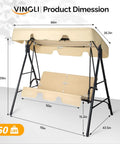Outdoor Porch Swing With Adjustable Canopy And Heavy Duty Stand, 550 lb capacity, beige cushions, steel frame dimensions shown