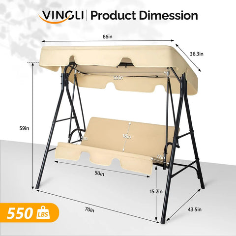 Outdoor Porch Swing With Adjustable Canopy And Heavy Duty Stand, 550 lb capacity, beige cushions, steel frame dimensions shown