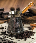 Leopard Copper Turkish Cezve 14 Fl Oz 400 Ml Large Turkish Coffee Pot With Wooden Handle for Turkish Coffee Makers