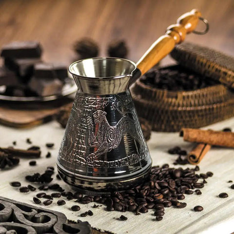 Leopard Copper Turkish Cezve 14 Fl Oz 400 Ml Large Turkish Coffee Pot With Wooden Handle for Turkish Coffee Makers