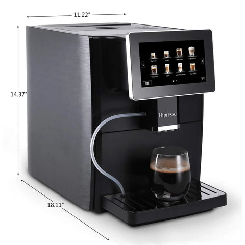 Super Fully Automatic Bean To Cup Espresso Coffee Machine With 7 Inch HD Touchscreen and 11 Custom Recipes, sleek design, 14.37" tall.