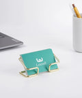 Metal Desk Card Holder For Office And Home, Large Capacity Card Organizer With Durable Gold Finish on desk with cards