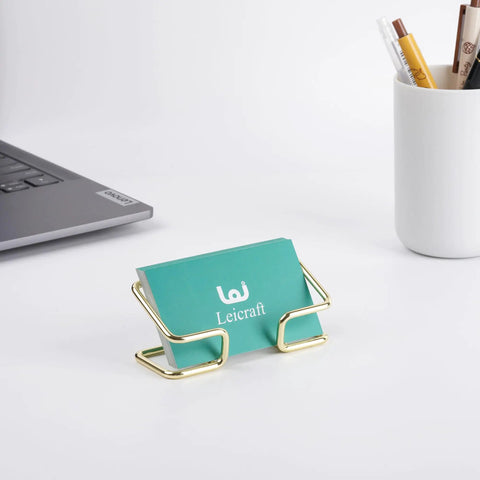 Metal Desk Card Holder For Office And Home, Large Capacity Card Organizer With Durable Gold Finish on desk with cards