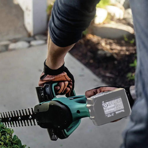 Person using 18V LXT Cordless Hedge Trimmer with 22-Inch Cut on garden hedge, showcasing brushed lithium-ion tool in action.