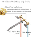 Wall Mount Tub Filler Faucet In Brushed Nickel Finish Brass Two Handle High Flow Bathtub Faucet Set With 10 Inch Spout Reach diagram