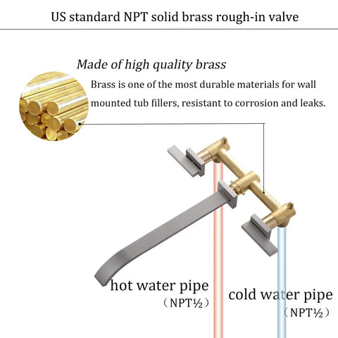 Wall Mount Tub Filler Faucet In Brushed Nickel Finish Brass Two Handle High Flow Bathtub Faucet Set With 10 Inch Spout Reach diagram