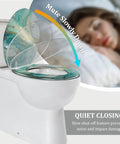 Elongated Resin Toilet Seat for Bathroom with a decorative cover, featuring quiet closing mechanism, placed on a standard toilet.