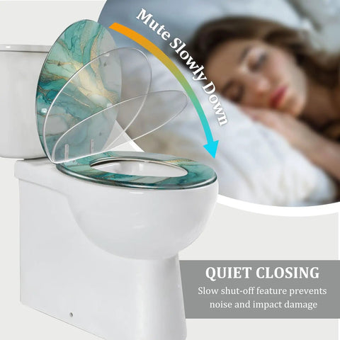 Elongated Resin Toilet Seat for Bathroom with a decorative cover, featuring quiet closing mechanism, placed on a standard toilet.