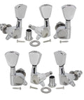 Upgrade Your Rig With These Sick Compatible Split Headstock Tuning Pegs Delivering Tight Internal Gears For Smooth Pitch Changes On Guitar Featuring Bold Matte Black Or Shiny Chrome Ends Easy Install 3L3R Layout For Stringing Jobs Without Hassle. chrome 3L3R guitar tuning pegs, six-piece set with screws