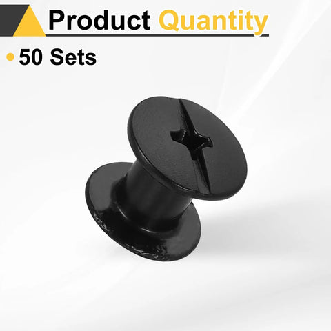 50 Piece Black Chicago Screw Kit M4 X 8mm Precision Carbon Steel Phillips binding hardware in black, used for leather crafting or DIY projects.
